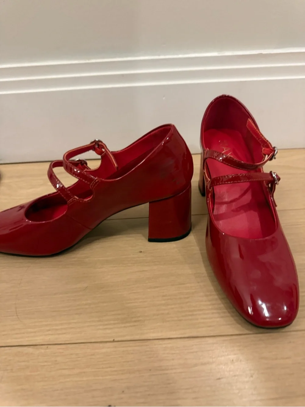 RAYE Cherry Red Patent Double-Strap Mary Jane Heels